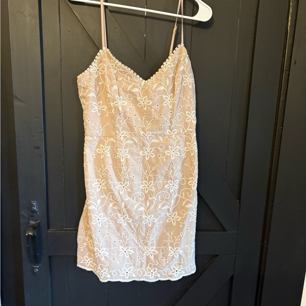 Embroidered Tan Slip Dress with Delicate Floral Detail